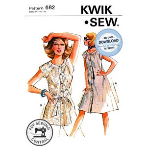 Puede incluir: Ilustración de un patrón de costura vintage con dos mujeres con vestidos abotonados. El patrón "Kwik Sew" está disponible en tallas 14-16-18. La imagen también incluye el texto "Instant Download Sewing Patterns" y "PDF Sewing Central."