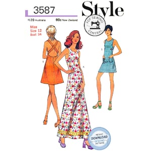 Op de afbeelding: Illustratie van een vintage naaipatroon met drie jurk ontwerpen. De afbeelding toont een lange bloemenjurk, een oranje mini-jurk en een blauw-wit geruite mini-jurk. Het patroon is gelabeld "Style" en bevat de tekst "Instant Download Sewing Patterns."
