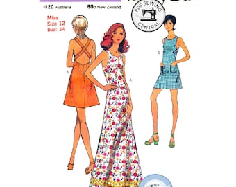 PDF SOFORT-DOWNLOAD: 70er Jahre Ärmelloses Kleid mit gekreuzten Schulterträgern, Brustumfang 34, Taille 66,5 cm, Schnittmuster-Reproduktion