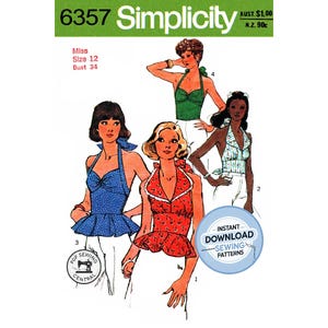 May include: Simplicity sewing pattern featuring four halter tops in various colors and patterns. The pattern includes the text "6357 Simplicity" and "Instant Download Sewing Patterns". The size is Miss Size 12, Bust 34.