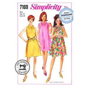 May include: Simplicity pattern 7169 showing three dresses in yellow, pink, and a floral print. The pattern is for Miss size 16, with a bust size of 91 cm. The image includes the text "Instant Download Sewing Patterns" and the Simplicity logo.
