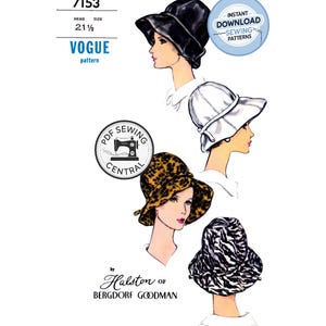 Puede incluir: Patrón de costura Vogue vintage 7153 con cuatro diseños de sombreros. La imagen incluye ilustraciones de un sombrero negro, un sombrero blanco, un sombrero con estampado de leopardo y un sombrero con estampado de cebra. El texto incluye "Vogue pattern" y "Halston of Bergdorf Goodman."