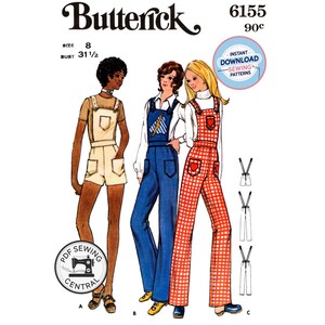 May include: Vintage Butterick sewing pattern 6155 featuring three different jumpsuit designs. The pattern includes a shorts jumpsuit, a blue jumpsuit with a lightning bolt design, and a red and white checkered jumpsuit. The bust size is 31 1/2 inches.