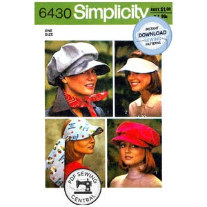 Könnte beinhalten: Simplicity Schnittmuster 6430 mit vier Hutstilen: eine graue Ballonmütze, ein weißes Visier, ein Visier mit Schal und eine rote Baskenmütze. Das Muster ist in Einheitsgröße und enthält sofortige Download-Schnittmuster.