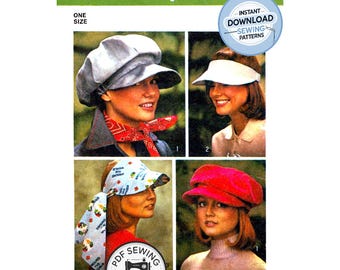 Descarga digital en PDF: Gorra de repartidor de periódicos de los 70, visera y visera con bufanda, talla única, Simplicity 6430, reproducción de patrón de costura vintage