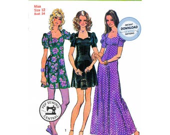 PDF de descarga instantánea: Vestido de los años 70 con escote corazón o cuadrado, busto 34 (87 cm), Simplicity 9779, reproducción de patrón de costura vintage.