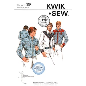 Può includere: Un cartamodello Kwik Sew 918 per camicie nelle taglie 42-48. La copertina presenta illustrazioni di tre camicie con sprone in stile western, maniche lunghe e chiusura frontale a bottoni. Il testo include Pattern 918, Kwik Sew, PDF Sewing Central.
