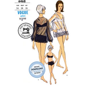 May include: Vintage Vogue sewing pattern 6468 featuring lingerie designs. The illustration shows three figures in sheer tops and shorts. The pattern includes bust sizes 34 and 36. The PDF Sewing Central logo is visible.