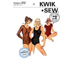 May include: Kwik Sew pattern 932 for leotards in sizes XS, S, M, and L. The cover features illustrations of three leotard styles labeled A, B, and C, including long-sleeve and sleeveless designs in brown, black, and red colors with text overlays.