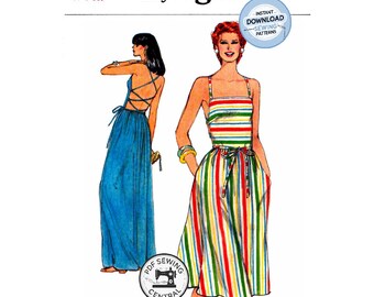 PDF SOFORT-DOWNLOAD: 70er Jahre Sommerkleid in zwei Längen mit überkreuzten Rückenträgern, Größe 6-8-10, Vogue 8300, Vintage Schnittmuster Reproduktion