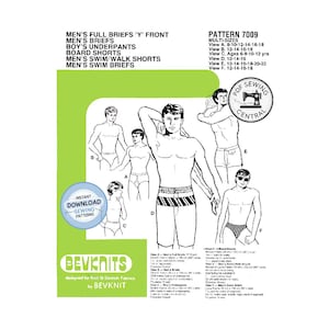 May include: A sewing pattern document labelled Pattern 7009 by BEVKNIT for various garments including briefs, board shorts, and swim shorts. The document features black and white illustrations of figures wearing these items, along with text detailing sizes, fabric requirements, and an instant download label.