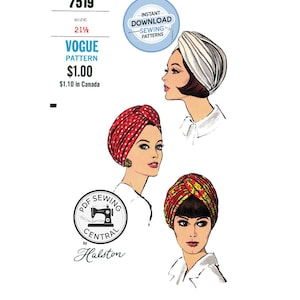以下が含まれることがあります： ターバンのVogueパターン7519。画像には、さまざまなターバンスタイルを着用している女性のイラストが示されています。パターンにはサイズ21 1/2が含まれています。「Instant Download Sewing Patterns」というテキストも表示されています。