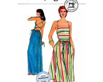 PDF SOFORT-DOWNLOAD: 70er Jahre Sommerkleid in 2 Längen mit überkreuzten Rückenträgern, Größe 12-14-16, Vogue 8300, Vintage Schnittmuster-Reproduktion