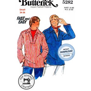 Op de afbeelding: Butterick naaipatroon 5282, met illustraties van twee mannen in shirts met lange mouwen. Het patroon bevat de tekst "FAST and EASY" en "INSTANT DOWNLOAD SEWING PATTERNS". Het patroon is voor maat small, 34-36.