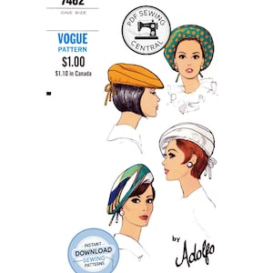 May include: Vintage Vogue sewing pattern featuring illustrations of women wearing various hats. The pattern includes the text "7462" and "ONE SIZE". The design is by Adolfo and includes a "PDF Sewing Central" logo.