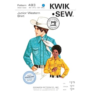May include: A Kwik Sew pattern 493 for a junior western shirt with chest sizes 30, 31.5, 33, and 34.5 inches. The illustration shows two individuals wearing long-sleeved button-down shirts with pointed collars and chest pockets, one in turquoise and one in yellow.