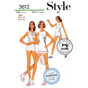 May include: Vintage sewing pattern featuring three illustrations of women in tennis-style dresses. The pattern is labeled "Style" with the number 3612. The bust size is 36 inches, and the size is 14. The image includes text for "Instant Download Sewing Patterns".