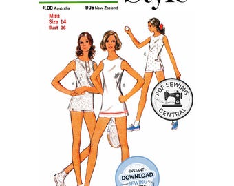 DESCARGA INMEDIATA EN PDF: Vestido y shorts de tenis estilo años 70, talla 36 (92 cm) de busto, estilo 3612, reproducción de patrón de costura vintage