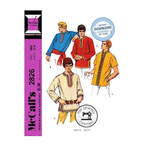 May include: A vintage McCall's 2826 sewing pattern for men's shirts. The image shows four shirt designs in blue, red, yellow, and cream. The pattern includes the text "Instant Download Sewing Patterns" and "Men's Shirt".