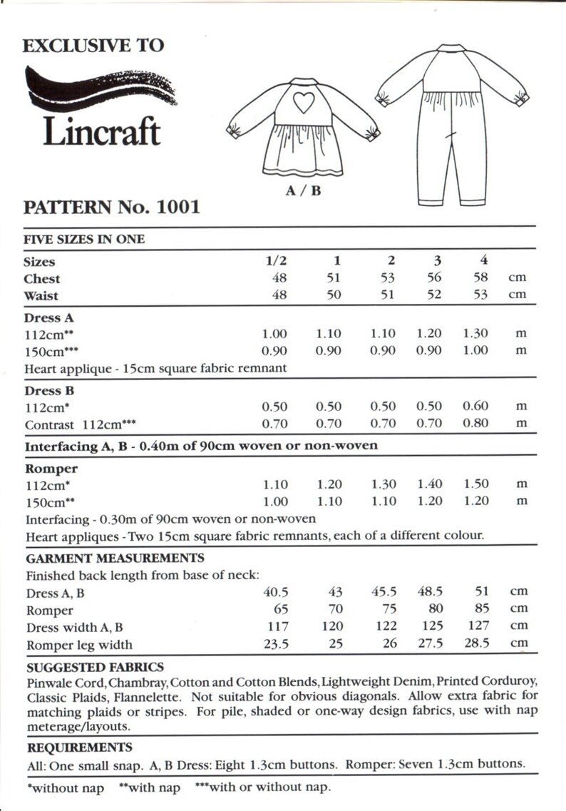 Lincraft 1001 Sewing Pattern Girl/'s Dress And Romper Size 0.5-4 Uncut Factory Folded