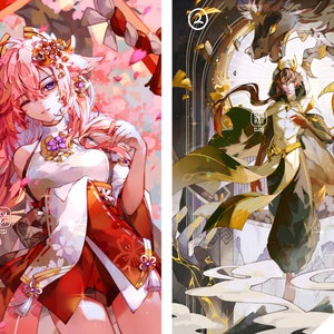 Puede incluir: Dos ilustraciones de estilo anime. La primera presenta a una mujer de pelo rosa con orejas de gato que lleva un kimono rojo y blanco. La segunda presenta a un hombre de pelo castaño que lleva una túnica dorada y blanca con un lobo detrás. Ambas ilustraciones tienen una etiqueta de "mini print".