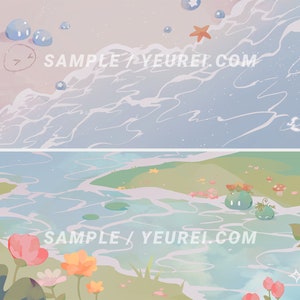 Puede incluir: Una ilustración digital de una escena de playa con agua azul, olas blancas y una costa arenosa. La parte superior de la imagen muestra una estrella de mar y burbujas azules. La parte inferior de la imagen muestra un río con hierba verde y flores rosas. El texto "SAMPLE / YEUREL.COM" es visible en la imagen.