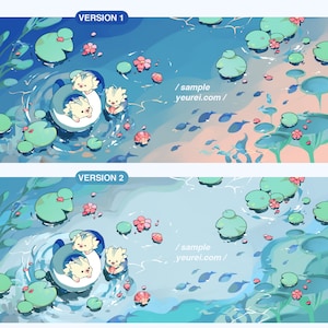 Puede incluir: Dos animales de dibujos animados con chalecos salvavidas flotan sobre un fondo de agua azul y verde con nenúfares y flores rosas. El texto "sample yeurei.com/" está en la esquina superior derecha de la imagen.