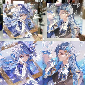 Może przedstawiać: Cztery kwadratowe karty z ilustracjami w stylu anime postaci z niebieskimi włosami i ubraniami. Jedna postać trzyma małe, niebieskie stworzenie. Tło zawiera bąbelki i jasnoniebieską kolorystykę.