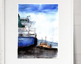 Tug Boat and Tanker Numbered limited edition Giclee Print of a Watercolour Painting