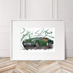 Stampa Triumph TR3 dipinta a mano. Poster Triumph TR3 unico. Decorazione murale automobilistica in edizione limitata.