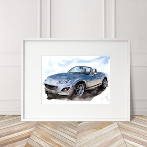 Stampa dipinta a mano della Mazda Miata MX5. Poster esclusivo della MX5. Decorazione murale automobilistica in edizione limitata.