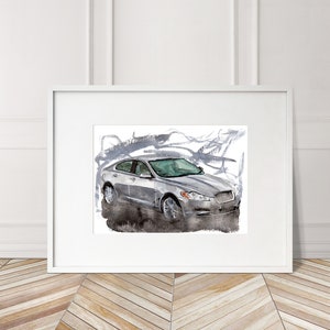 Stampa Jaguar XF dipinta a mano. Poster Jaguar XF unico. Decorazione murale automobilistica in edizione limitata.