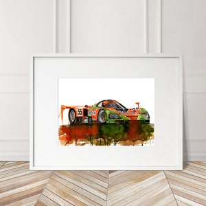 Stampa dipinta a mano della Mazda 787b di Le Mans. Poster unico della Mazda 787b. Decorazione murale automobilistica in edizione limitata.