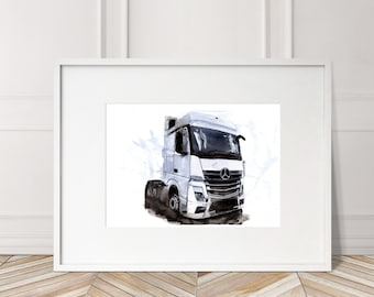 Impresión pintada a mano del Mercedes Actros. Póster exclusivo del Actros. Arte mural automovilístico de edición limitada.