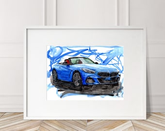 May include: Watercolor painting of a blue convertible sports car with a red interior. The car is depicted in a white frame against a background of blue brushstrokes. The artwork is displayed on a wooden floor.