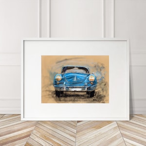 Stampa Porsche 356 dipinta a mano. Poster Porsche 356 unico. Decorazione murale automobilistica in edizione limitata.