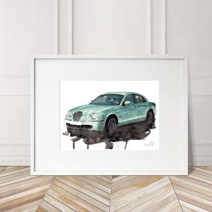 Stampa Jaguar S Type dipinta a mano. Poster esclusivo della S Type. Decorazione murale automobilistica in edizione limitata.