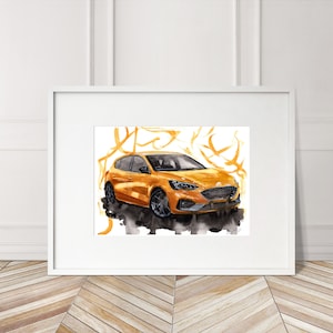 Stampa Ford Focus ST dipinta a mano. Poster esclusivo della Focus ST. Decorazione murale automobilistica in edizione limitata.