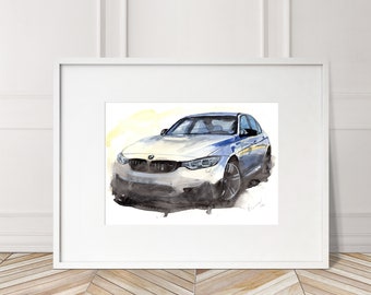 May include: Watercolor painting of a white BMW M3 with blue accents. The car is facing the viewer and is set against a yellow background.