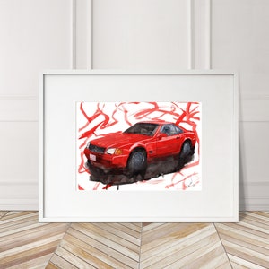 Stampa dipinta a mano della Mercedes SL500 del 1990. Poster esclusivo della Mercedes SL500. Decorazione murale automobilistica in edizione limitata.