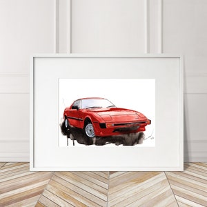 Stampa Mazda RX7 dipinta a mano. Poster unico della Mazda RX7. Decorazione murale automobilistica in edizione limitata.