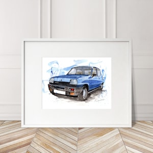 Stampa di un'auto d'epoca Renault 5 Alpine Turbo dipinta a mano. Poster esclusivo della Renault 5 Alpine. Decorazione murale automobilistica in edizione limitata.