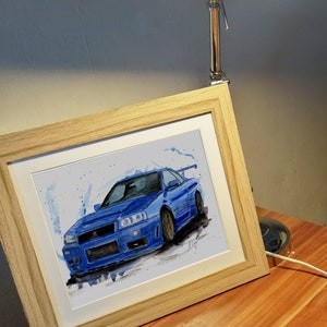 Stampa di Nissan R34 GTR Skyline dipinta a mano. Poster Skyline unico. Arte murale automobilistica in edizione limitata.