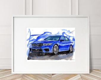 May include: A watercolor painting of a blue BMW M5 car. The car is depicted in a dynamic pose, with the front wheels turned and the car appearing to be in motion. The background is a wash of blue and white watercolor, suggesting speed and movement.