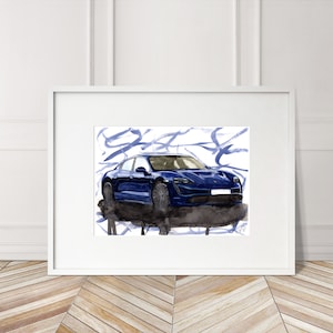 Stampa Porsche Taycan nera dipinta a mano. Poster Porsche Taycan unico. Decorazione murale automobilistica in edizione limitata.
