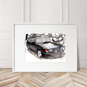 Stampa Saab 99 Turbo dipinta a mano. Poster Saab 99 unico. Decorazione murale automobilistica in edizione limitata.
