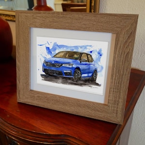Stampa Skoda Fabia VRS dipinta a mano. Poster Fabia unico. Decorazione murale automobilistica in edizione limitata.