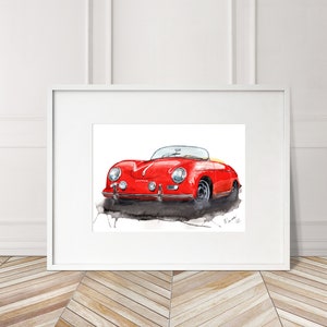 Stampa Porsche 356 dipinta a mano. Poster Porsche 356 unico. Decorazione murale automobilistica in edizione limitata.