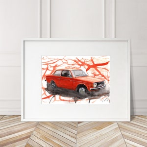 Stampa Volvo 142 dipinta a mano. Poster Volvo 142 unico. Decorazione murale automobilistica in edizione limitata.