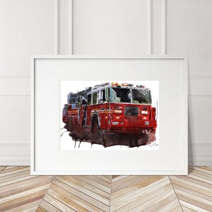 Stampa di un camion dei pompieri di New York City dipinta a mano. Poster unico di un camion dei pompieri. Arte murale automobilistica in edizione limitata.